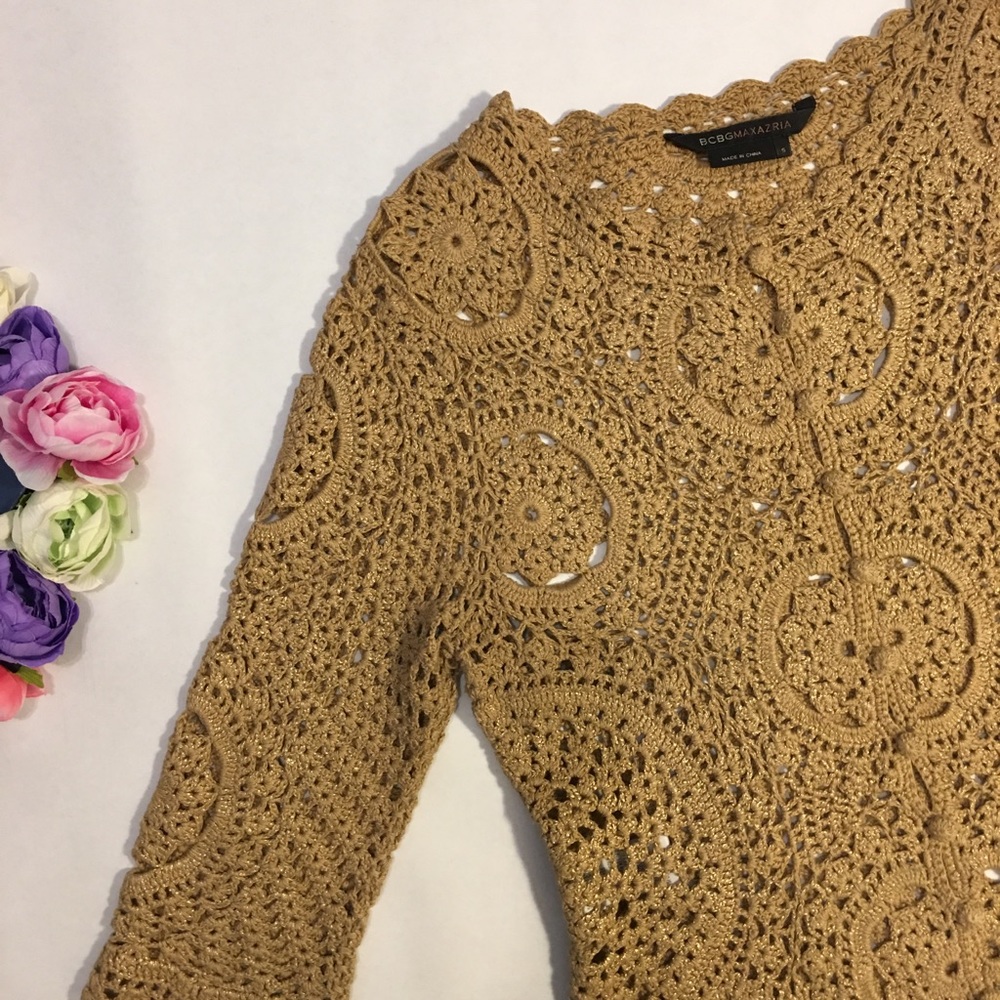 BCBG Brown golden crochet buttoned top cardigan - Picture 2 of 7